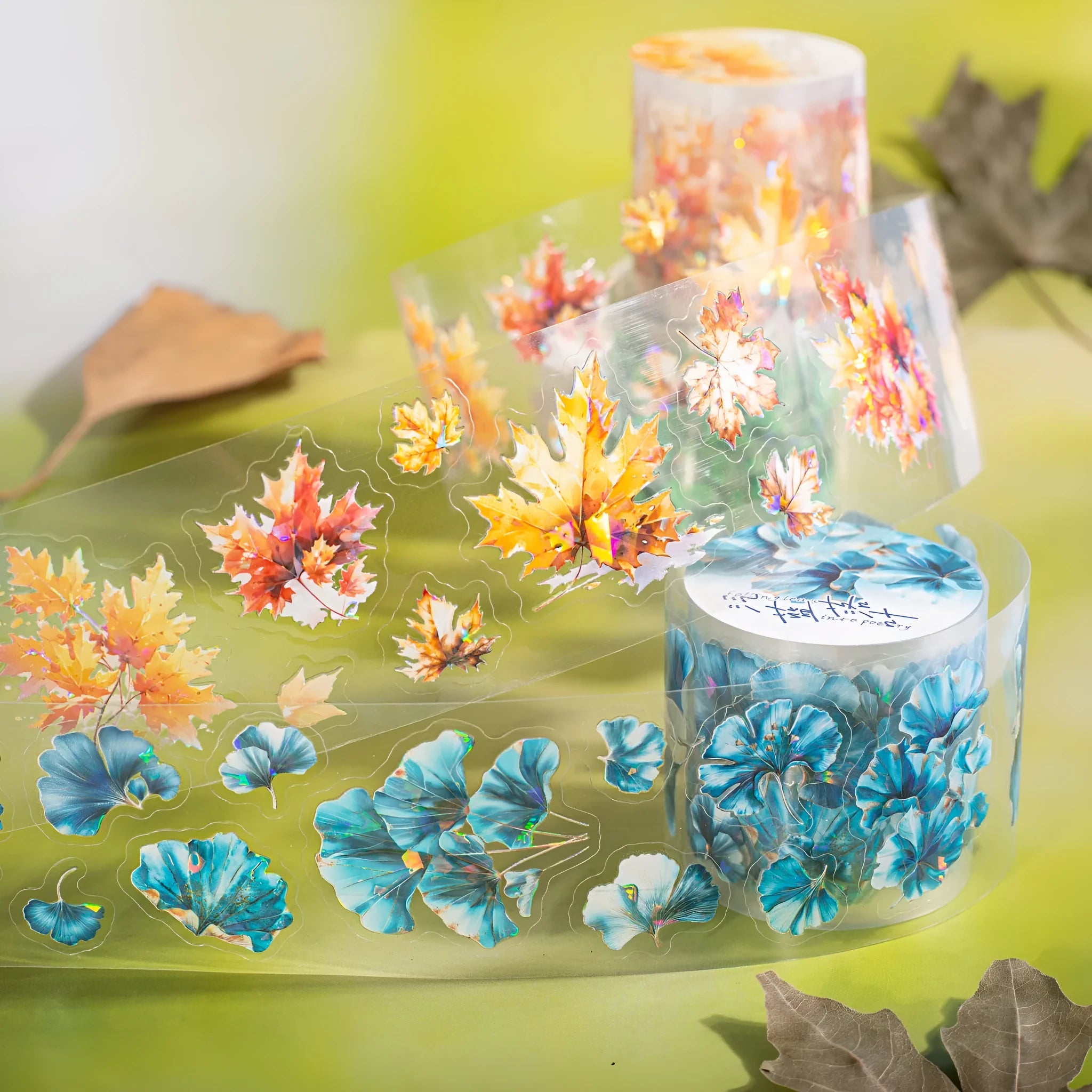 Six rolls of deciduous leaf pattern decorative stickers showing Gentle Ginkgo, Maple Leaf, and Blue Fallen Leaves designs