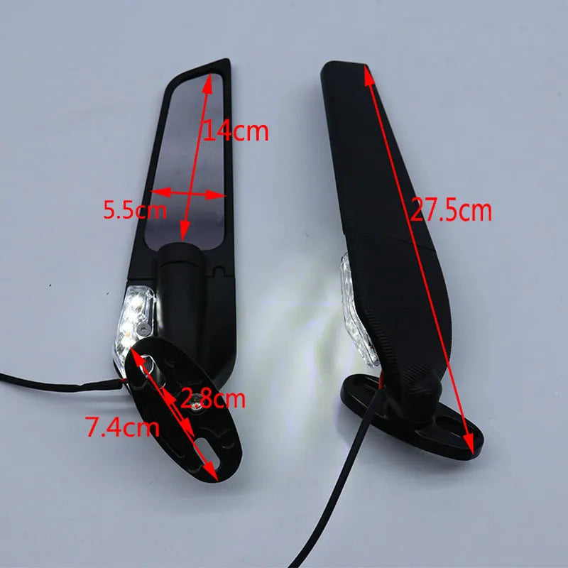 Pair of aluminium alloy motorcycle rearview mirrors with integrated yellow running lights and convex glass lenses.