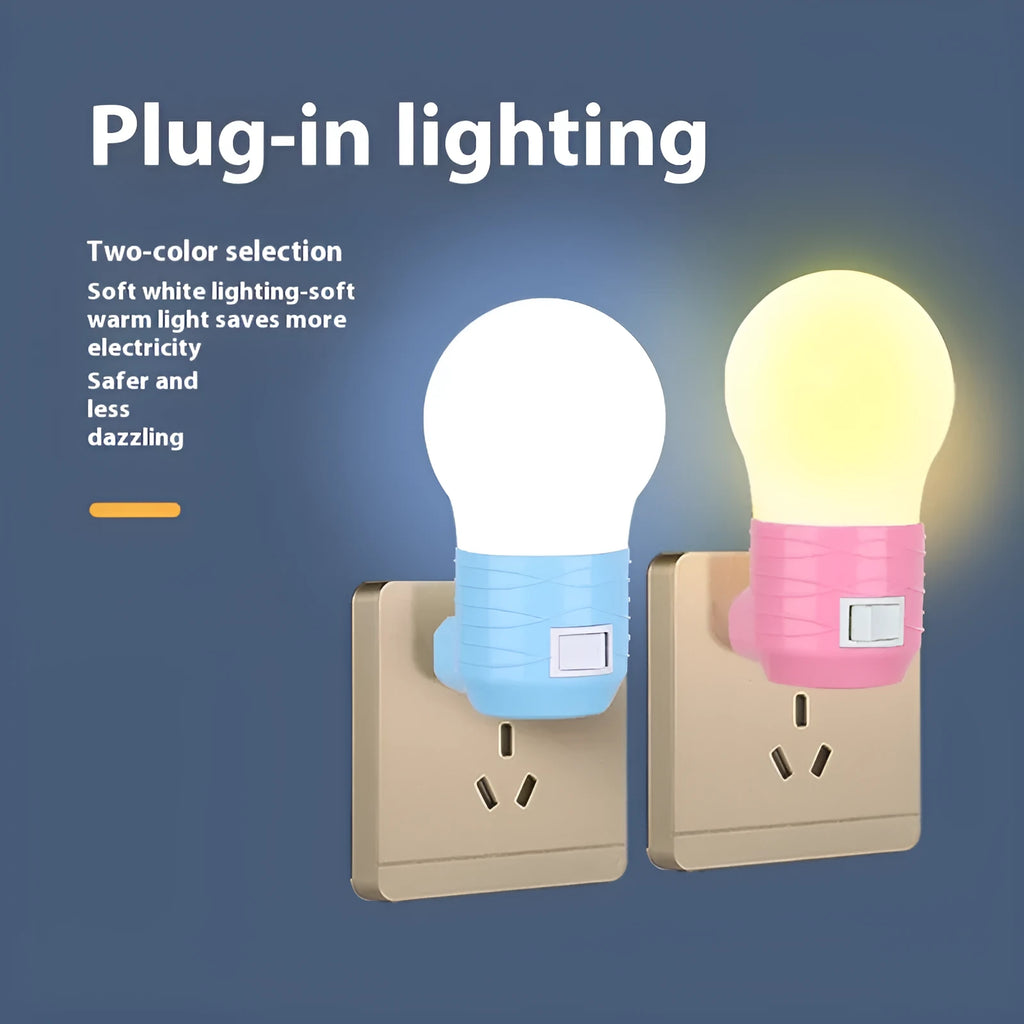Compact round plug-in bedside lamp on a surface, showing white shell option.