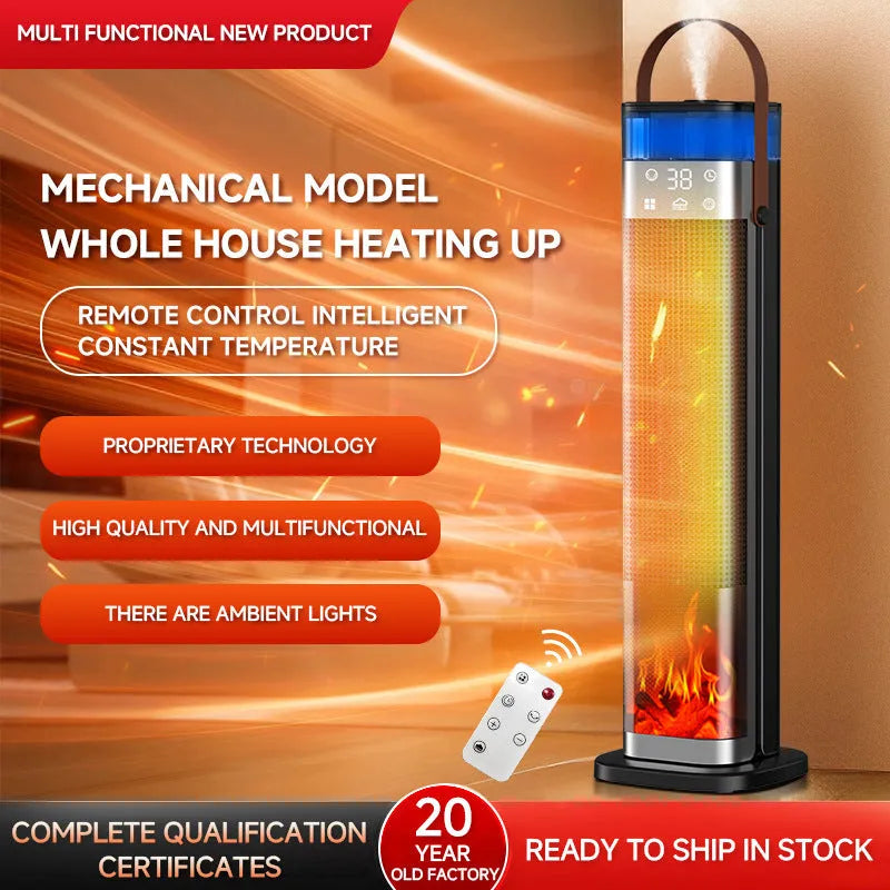 Vertical humidifying heater with remote control on a wooden floor.