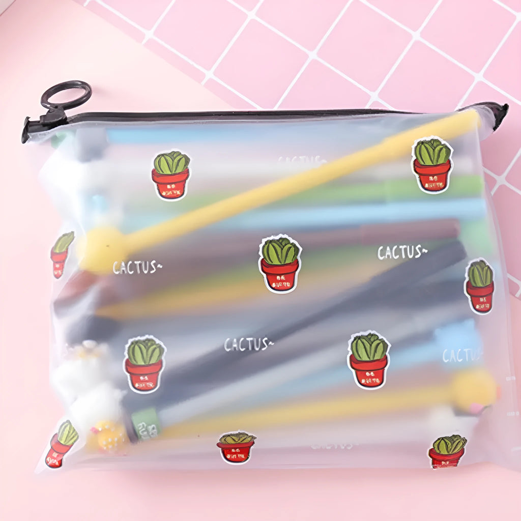 Open plastic case showing twenty 0.5mm black gel pens with cartoon cactus designs for boys and girls.