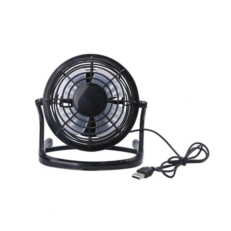Mini USB desk fan with adjustable tilt in black, white or blue options for laptop and PC cooling