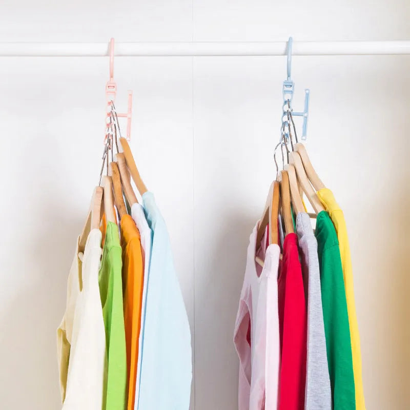 Blue revolving wardrobe hanger with five branches and handle for multi-garment storage