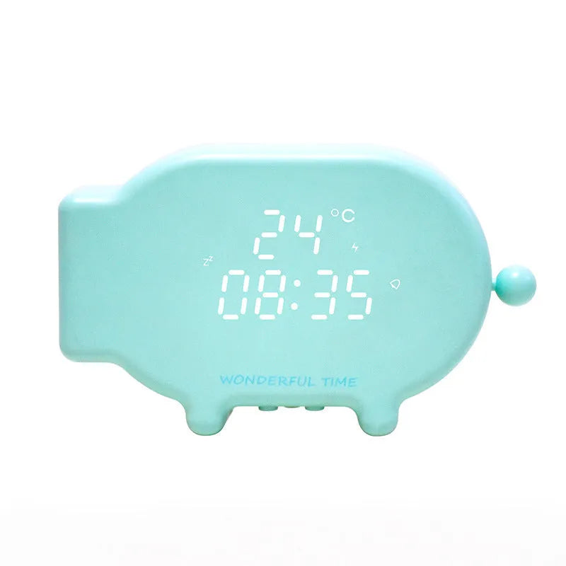 Blue LED alarm clock with temperature display and USB charging port on bedside table