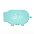 Blue LED alarm clock with temperature display and USB charging port on bedside table