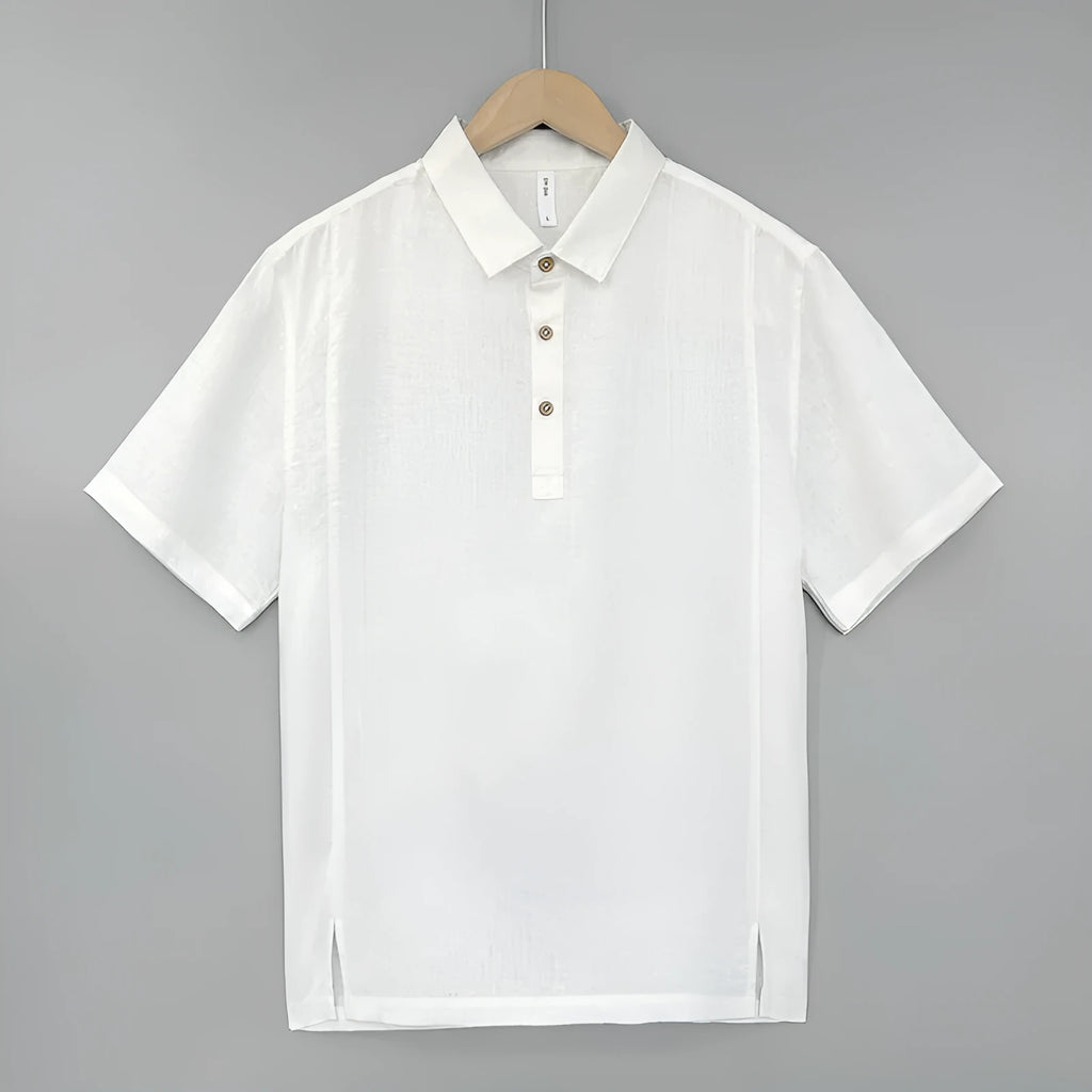Men's grey green linen short sleeve t-shirt with a thin lapel collar on a hanger.