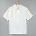 Men's grey green linen short sleeve t-shirt with a thin lapel collar on a hanger.