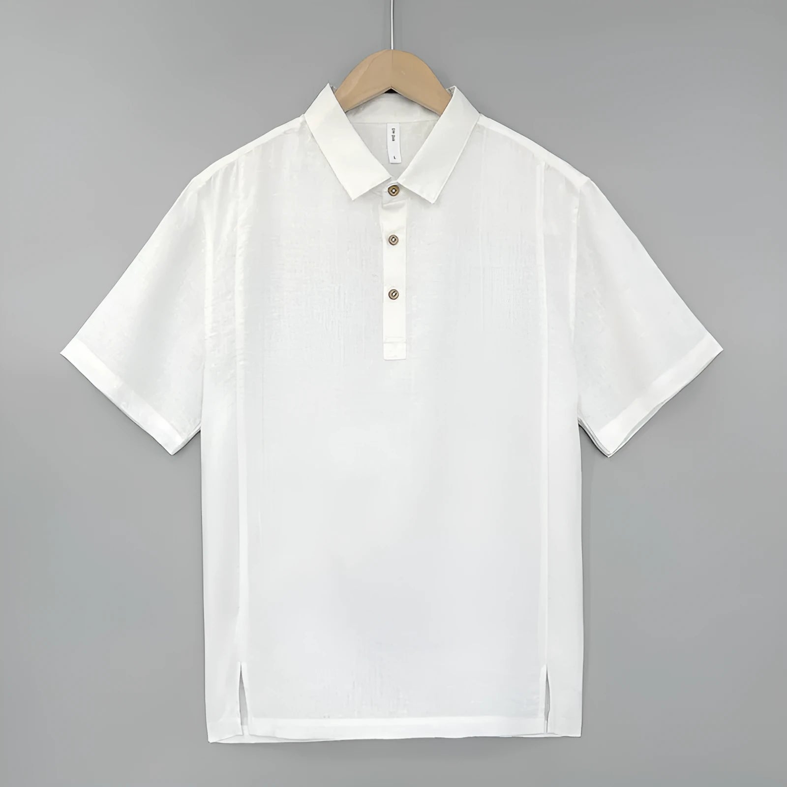 Men's grey green linen short sleeve t-shirt with a thin lapel collar on a hanger.