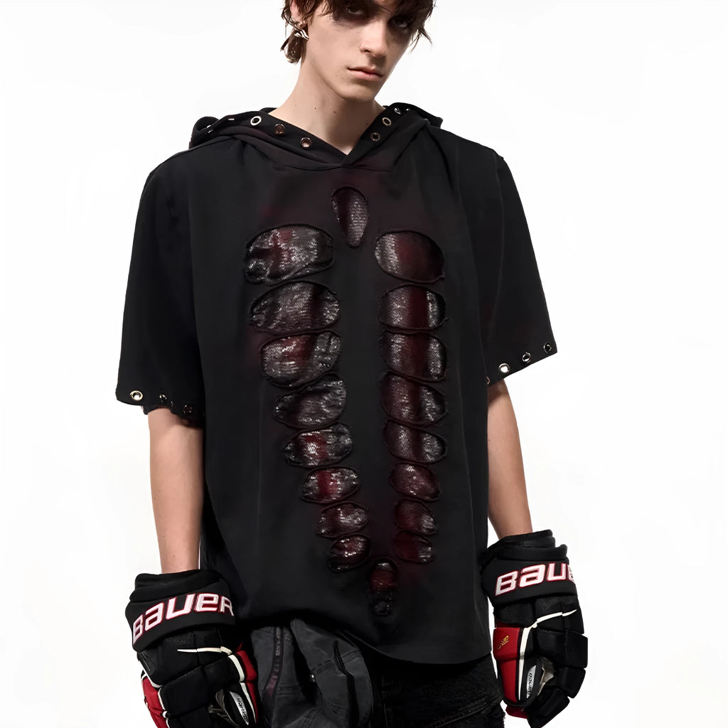 Black men's hooded short-sleeve t-shirt with sequin detail, loose fit