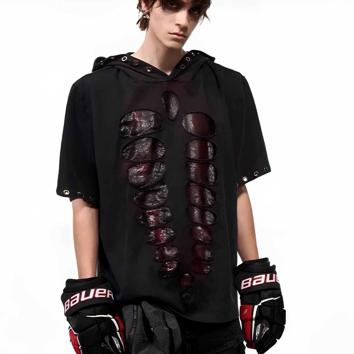 Black men's hooded short-sleeve t-shirt with sequin detail, loose fit