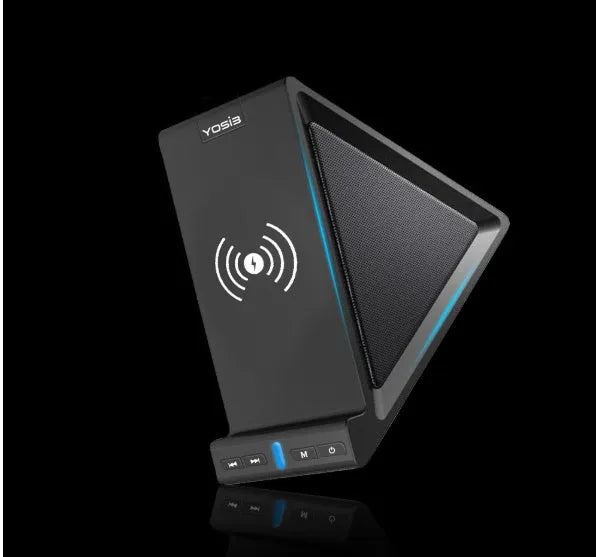 Black multifunctional Bluetooth speaker with built-in mobile phone stand and power bank charging port.