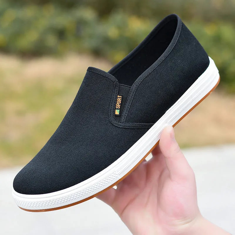 Men's low-top canvas slip-on shoes in blue colour showing round toe and shallow mouth design