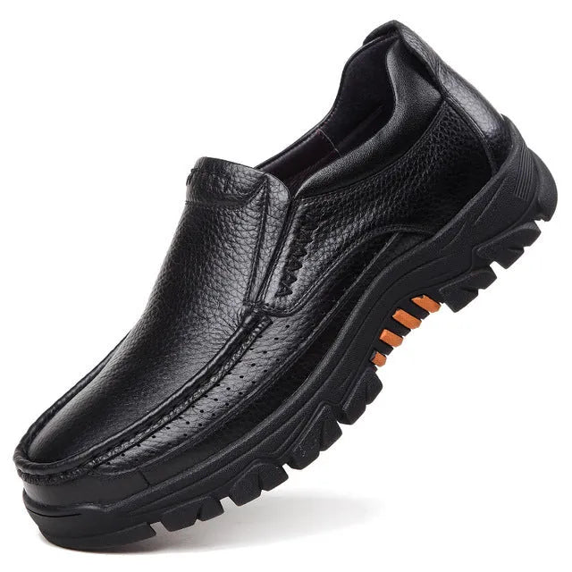 Men's black and brown business casual leather slip-on shoes with rubber sole