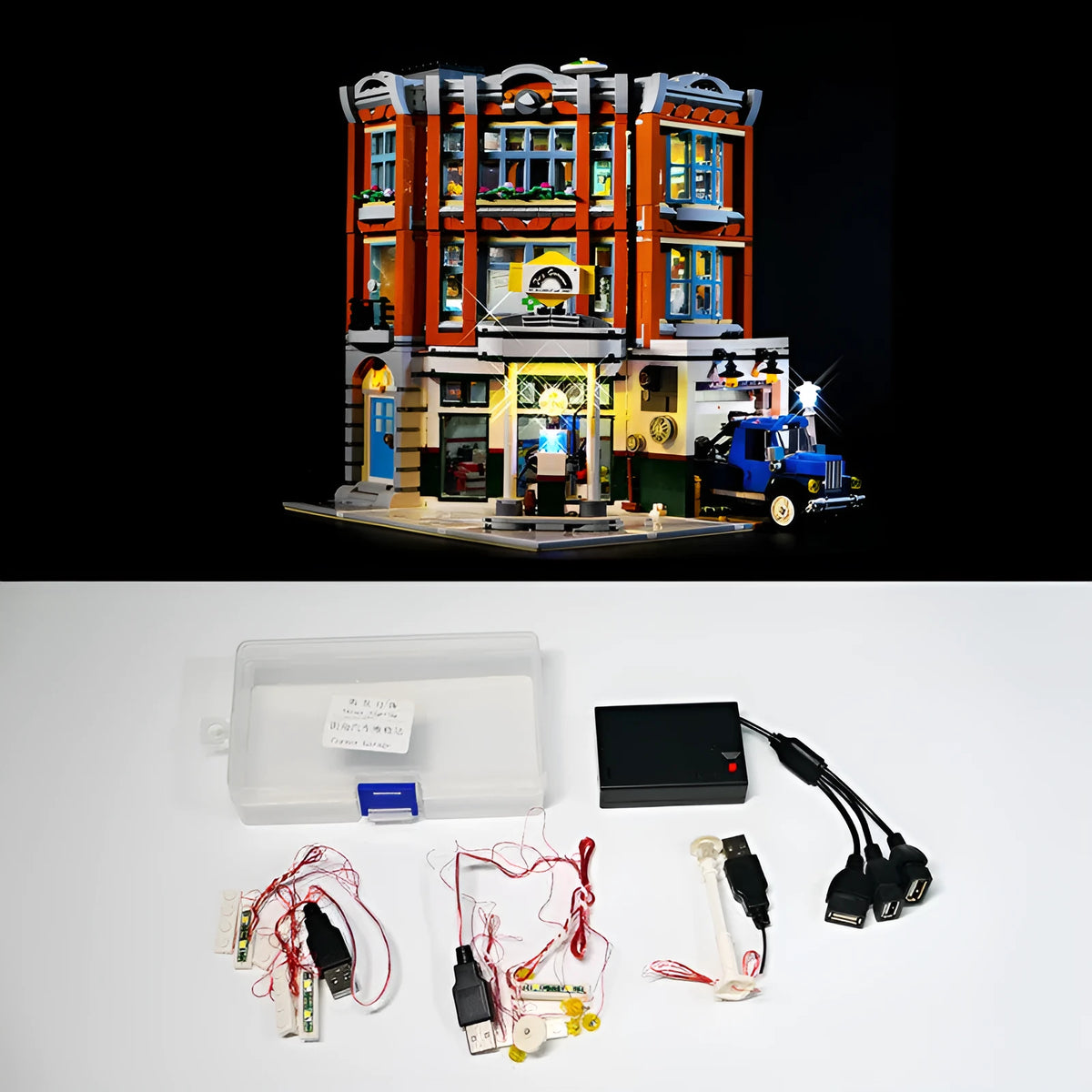 Plastic LED lighting accessories for MOC model building in corner repair shop configuration