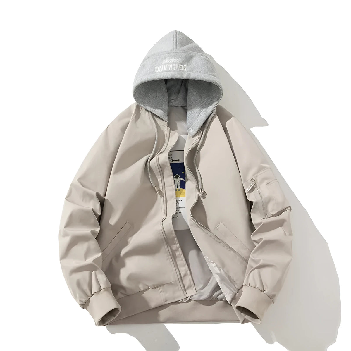 Loose-fitting solid colour pilot jacket for plus-size individuals with embedded line pockets.