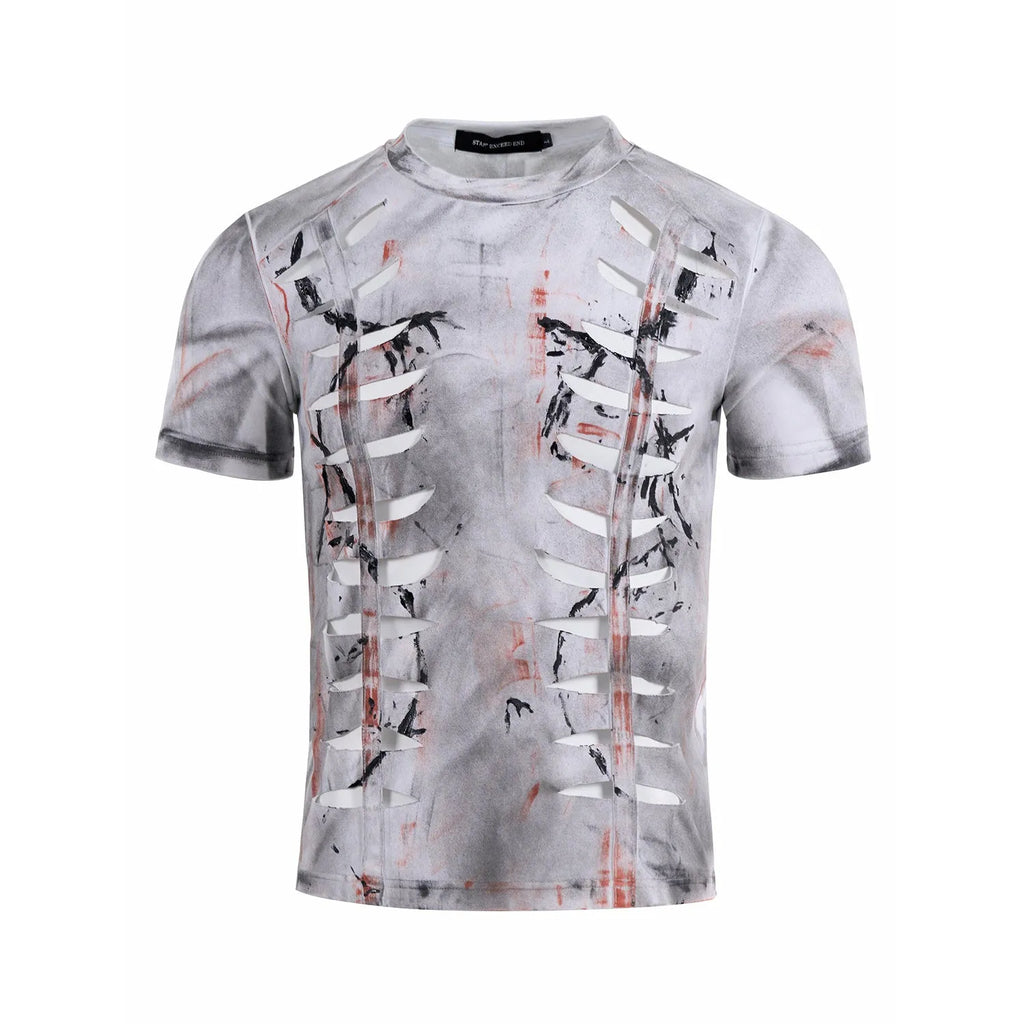 Men's white cotton t-shirt with cut hollow-out pattern, short sleeves and round neck collar
