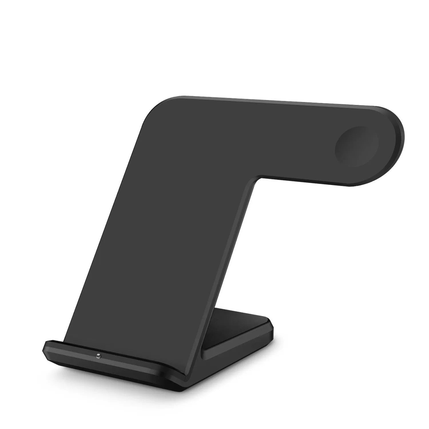 Black and white wireless phone charging pad on a desk with a Type-C cable
