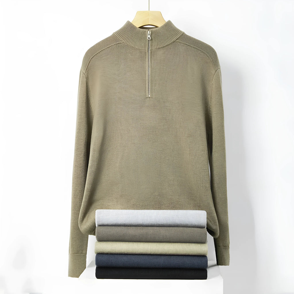 Men's slim fit casual pullover sweater in thickened wool, shown in a stone sand colour.
