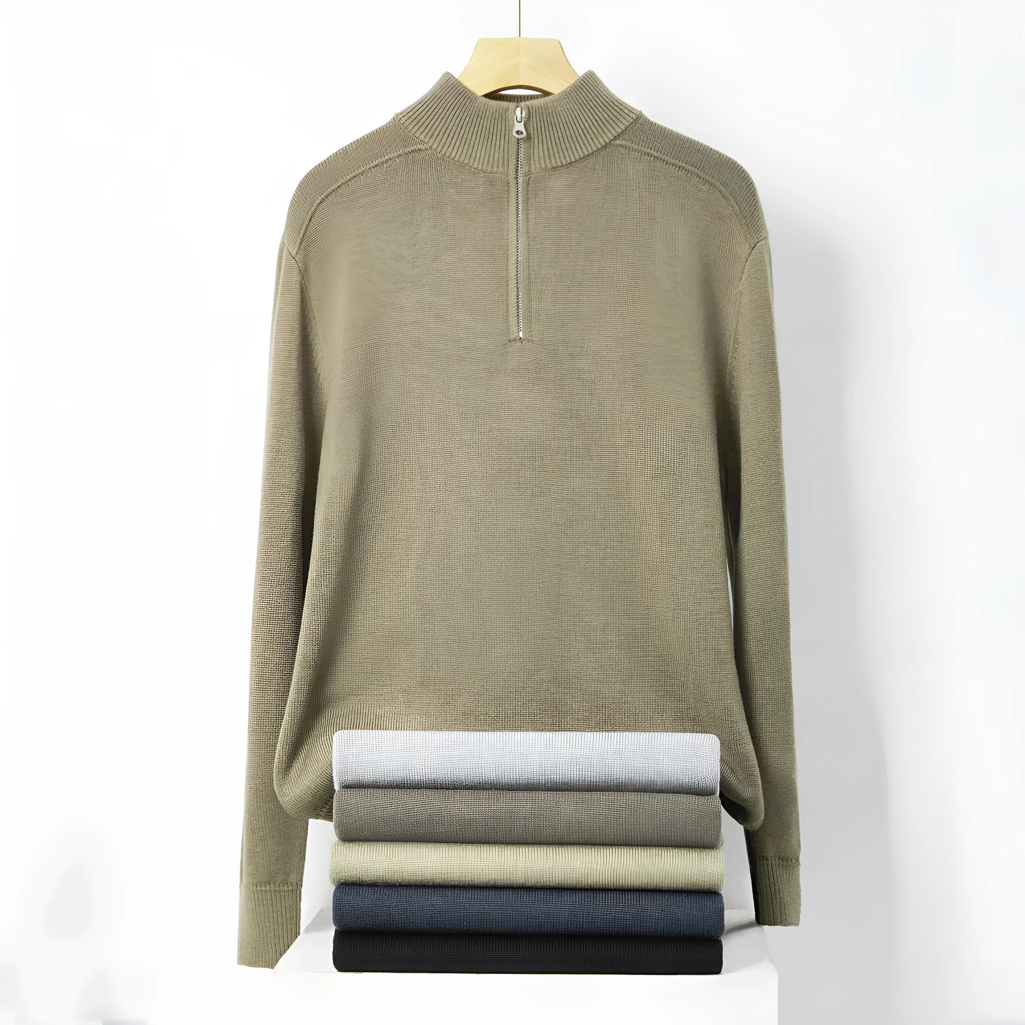 Men's slim fit casual pullover sweater in thickened wool, shown in a stone sand colour.