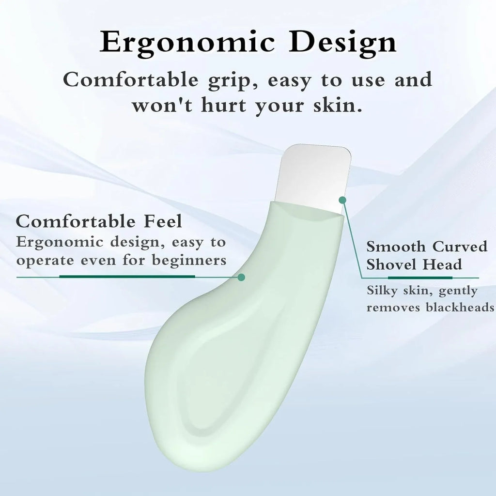 Green stainless steel facial pore scraper tool with a silicone handle for blackhead removal.