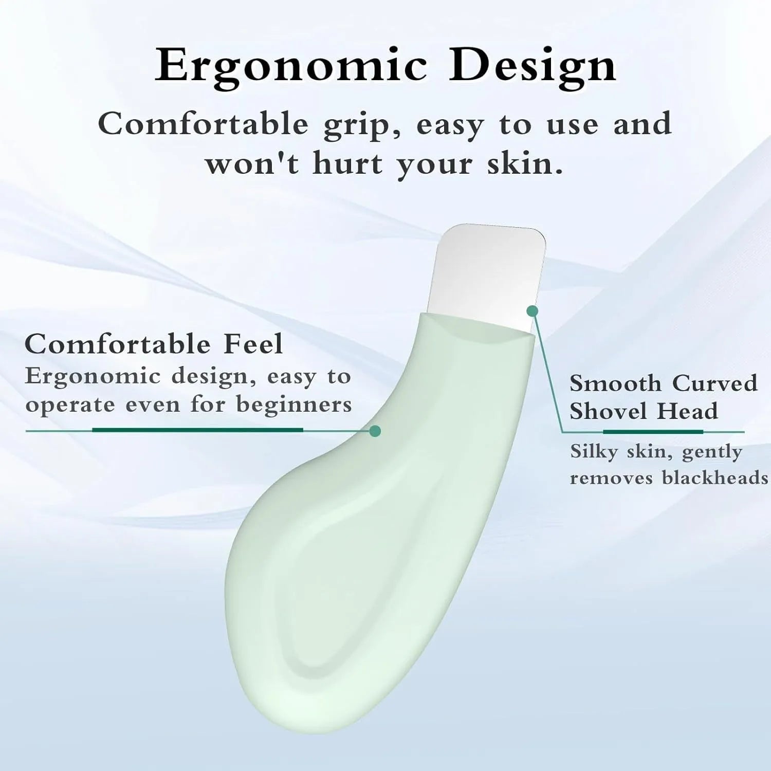 Green stainless steel facial pore scraper tool with a silicone handle for blackhead removal.