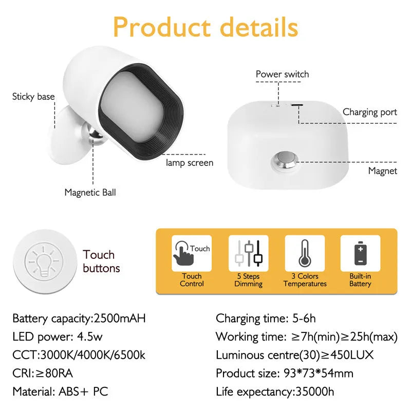 Remote-controlled circular magnetic wall lamp with white plastic shell and colour-changing LEDs