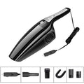 Black and orange car vacuum cleaner with cigarette lighter plug for vehicle interior cleaning