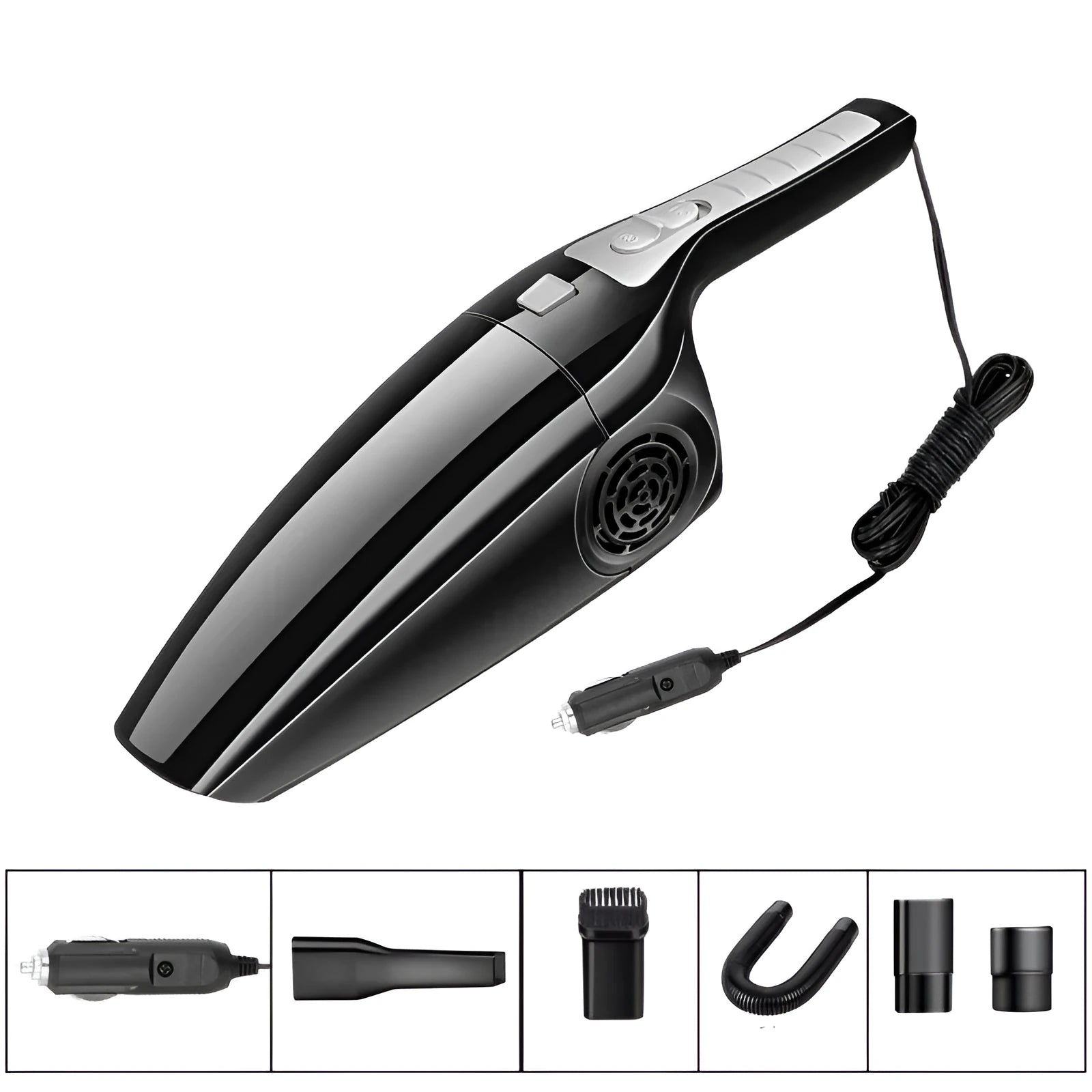 Black and orange car vacuum cleaner with cigarette lighter plug for vehicle interior cleaning