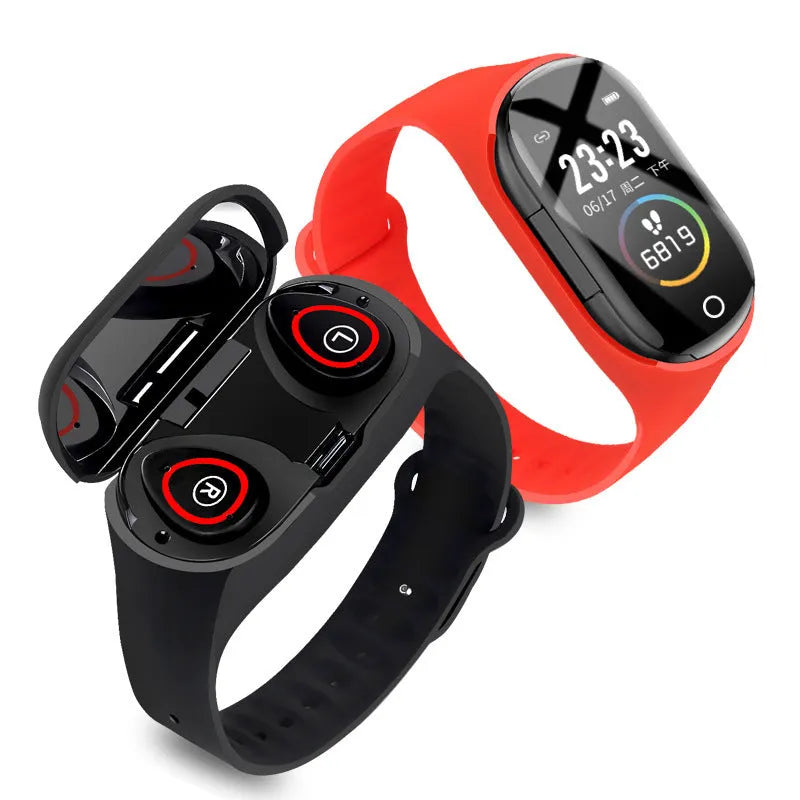 Smart bracelet with integrated wireless earphones on a silicone wristband in black, blue or red.