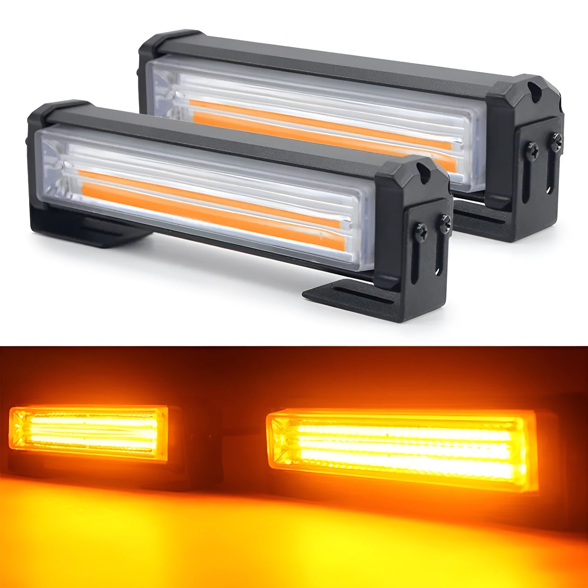 Yellow Model 208 automotive strobe warning light with aluminium alloy frame and clear lens.