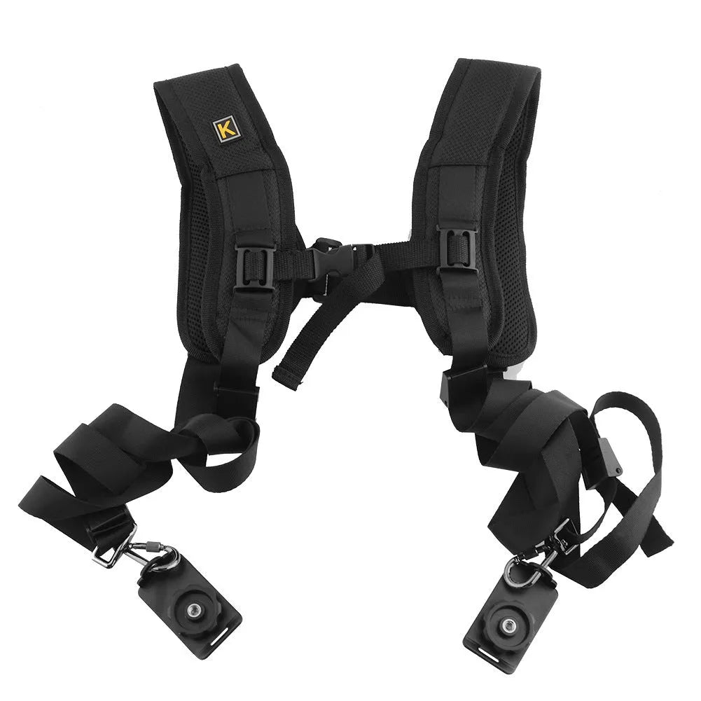 Black professional dual SLR camera strap with shoulder padding shown holding two cameras.
