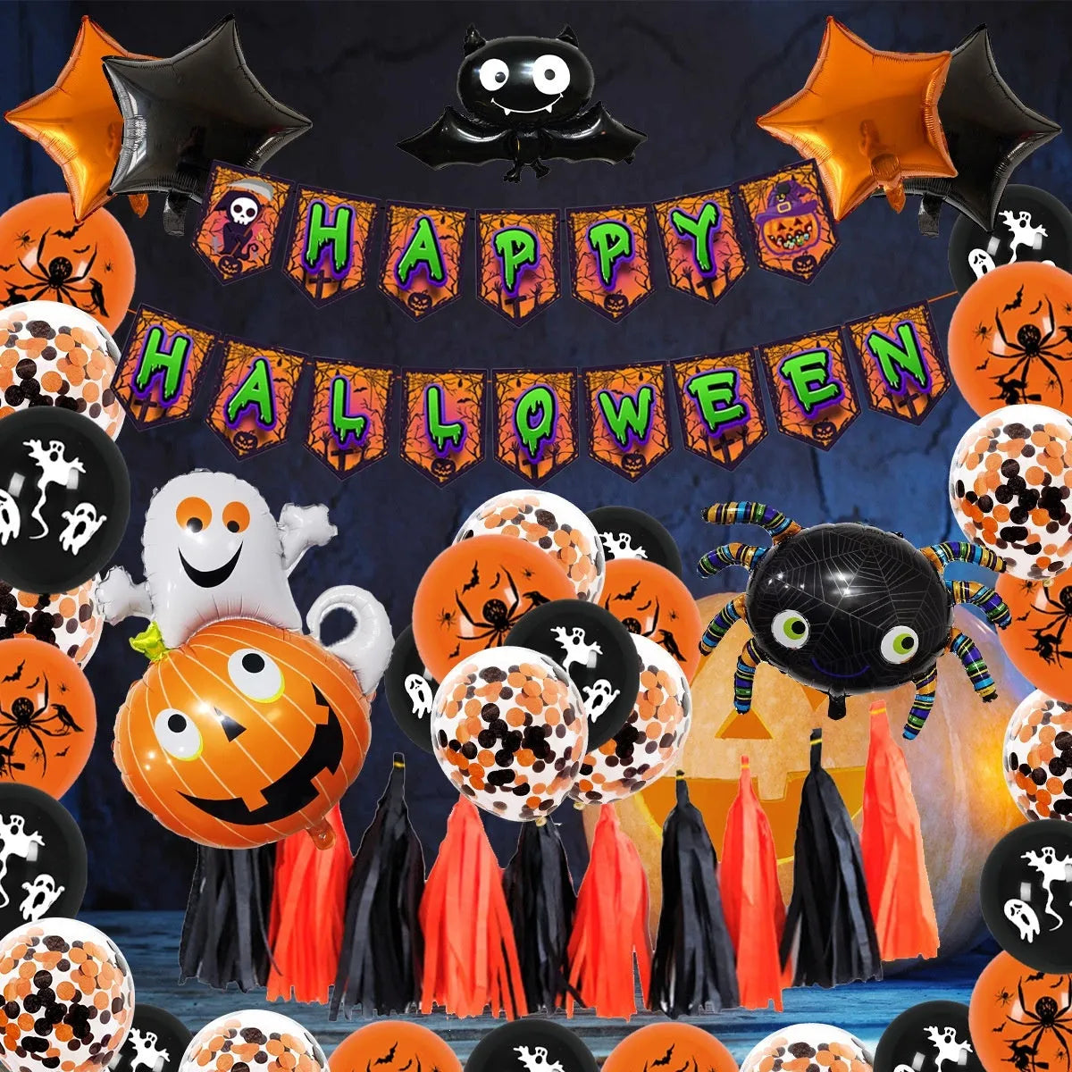 Halloween spider balloon arch kit with black and white balloons showing skull and pumpkin designs