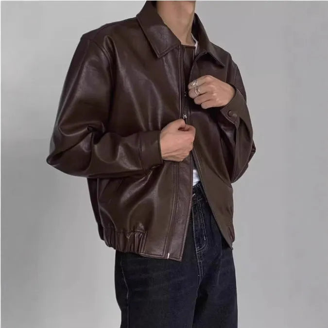Brown Korean-style casual hip-hop jacket with PU leather outer, polyester lining and straight hem