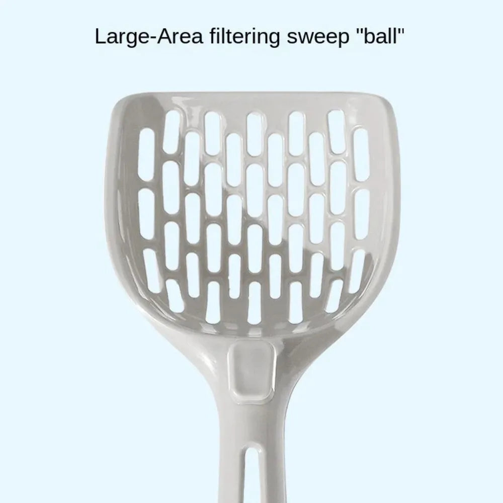 Gray plastic cat litter scoop with matching upright base for self-cleaning kitten toilet maintenance