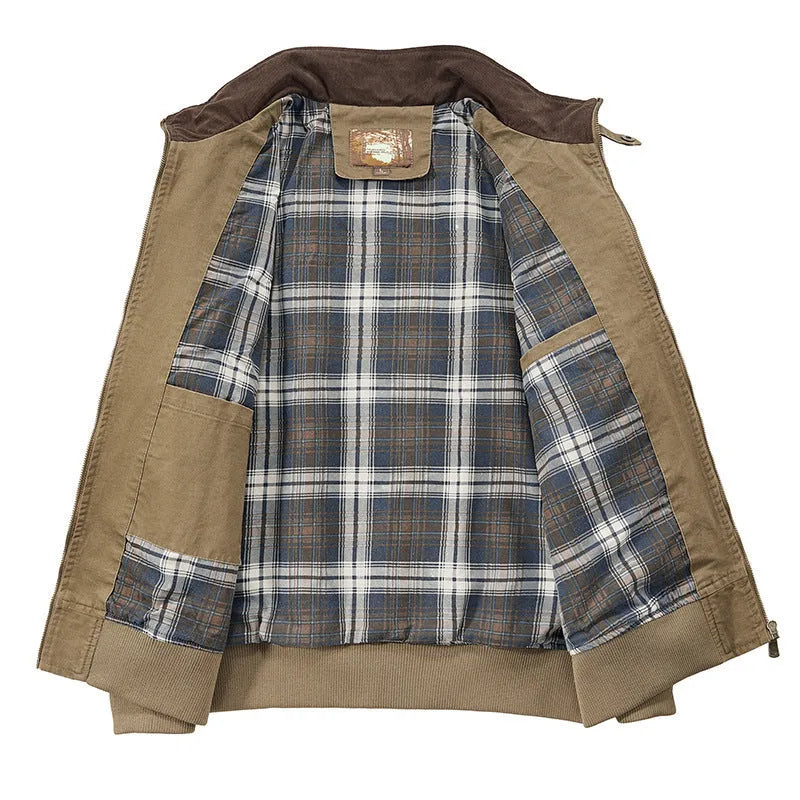 Men's plus size washed cotton baseball jacket in beige colour with full zip front.