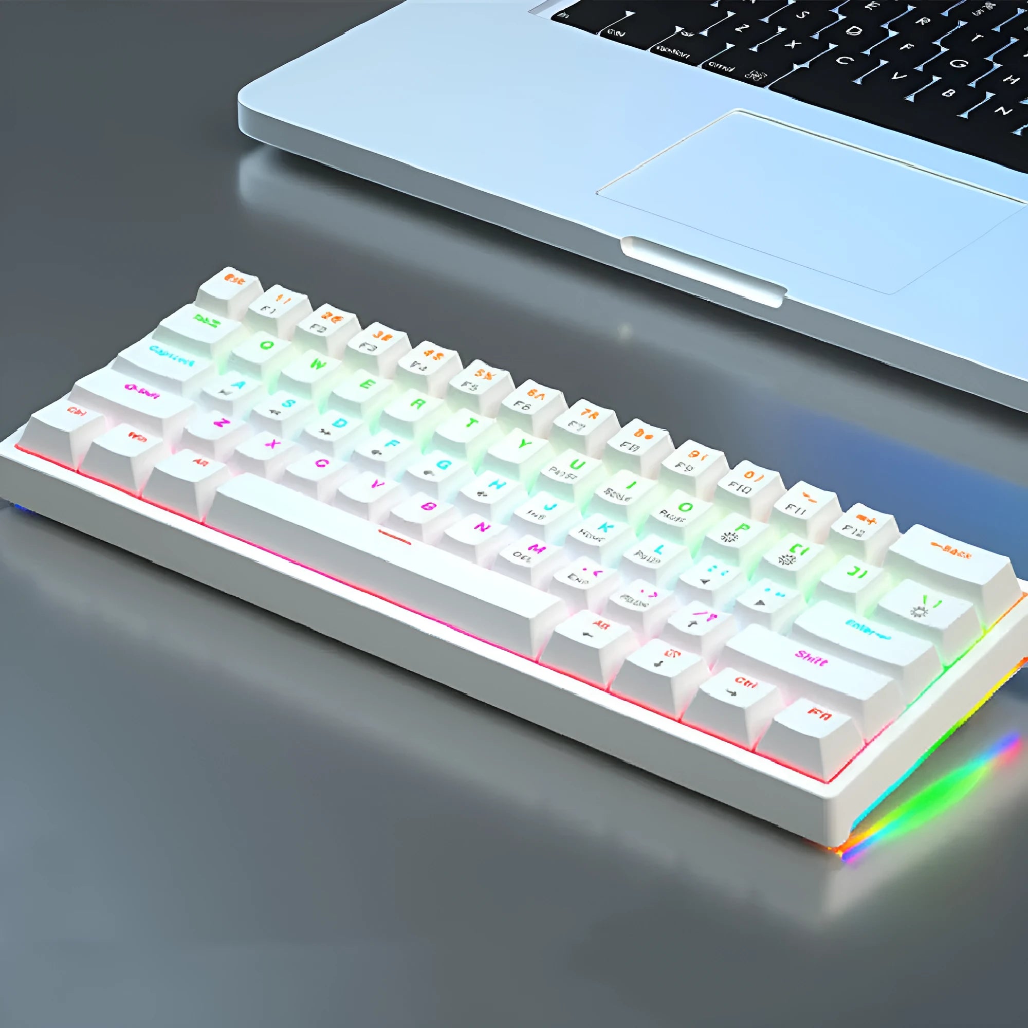 Blue and white 61-key compact mechanical keyboard with hot-swappable switches on black background