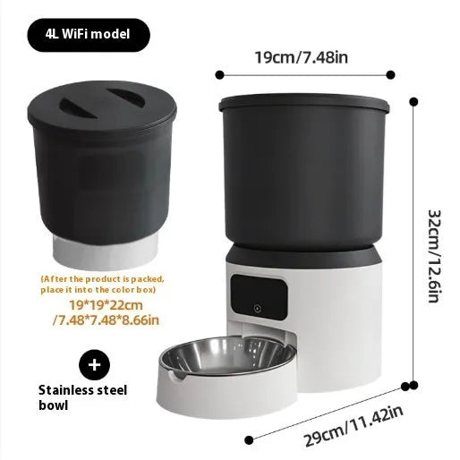 White 4-litre smart pet feeder with LED display, Wi-Fi antenna, and a stainless steel bowl on the floor.