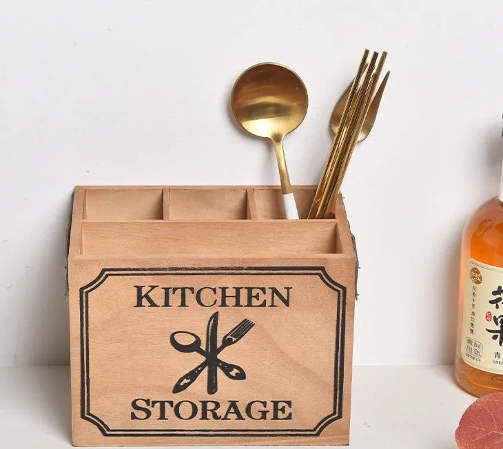 Wooden kitchen storage box with grid compartments for knives forks chopsticks measuring 12.5x12.5x23cm