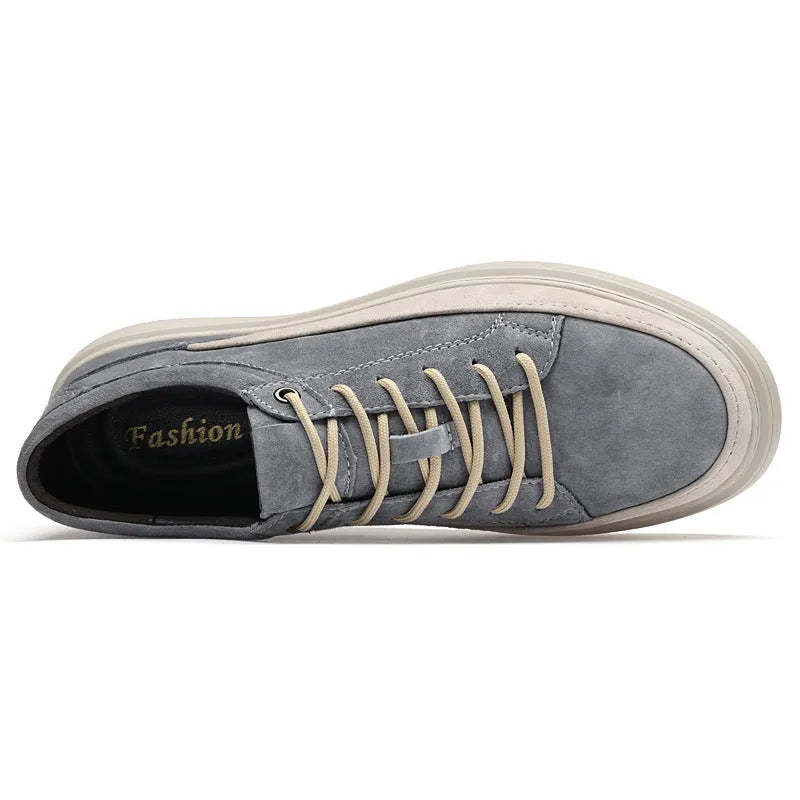 Men's grey casual leather skate shoes with round toe design and rubber sole