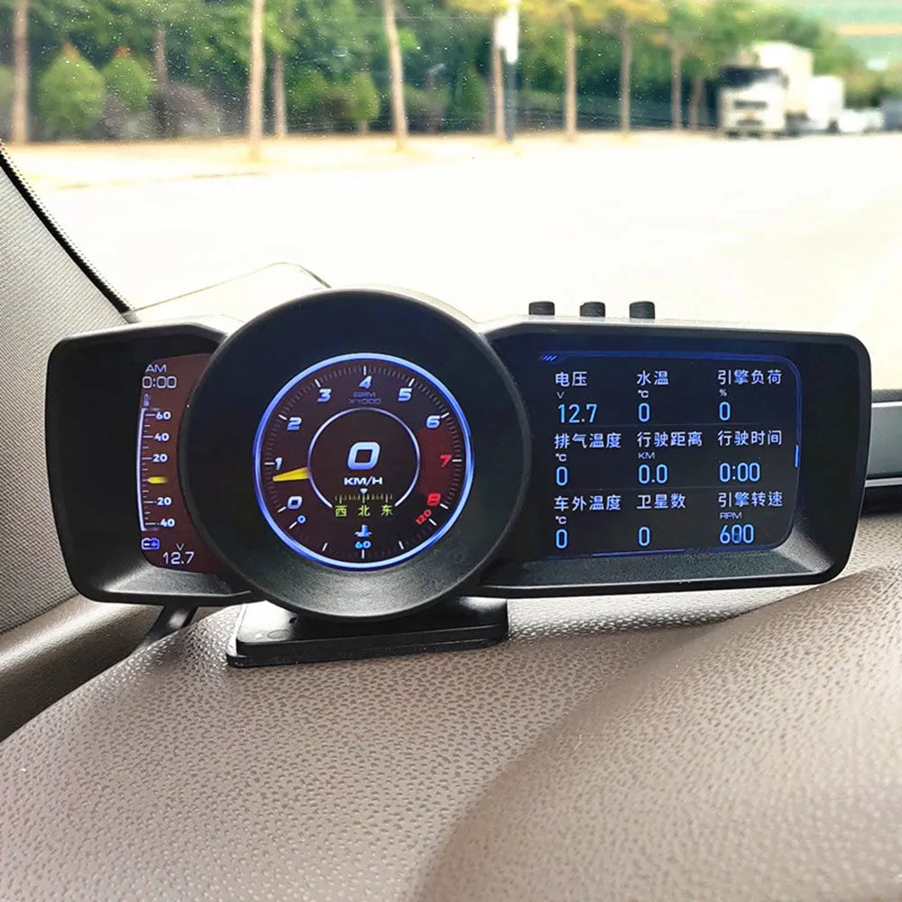 OBDII monitor driving computer with TFT screen display showing vehicle data and navigation information