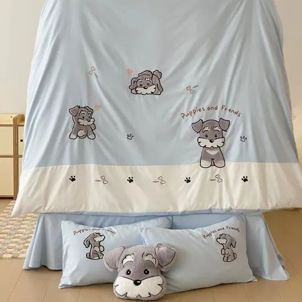 Cartoon Schnauzer design embroidered on a thickened cotton quilt cover and pillowcase from a complete bed linen set.