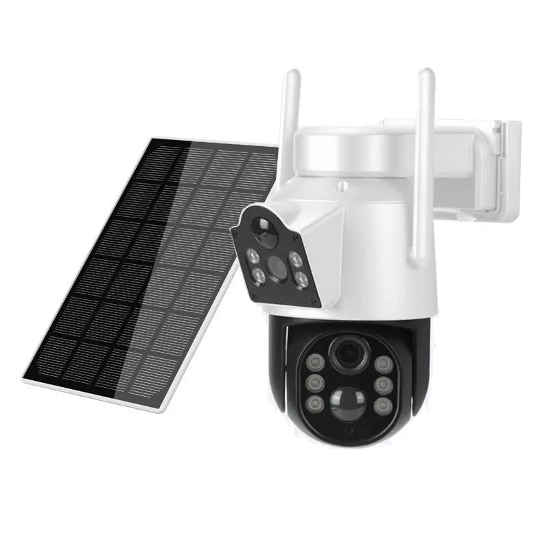 Outdoor solar-powered wireless security camera with solar panel for plug-free monitoring