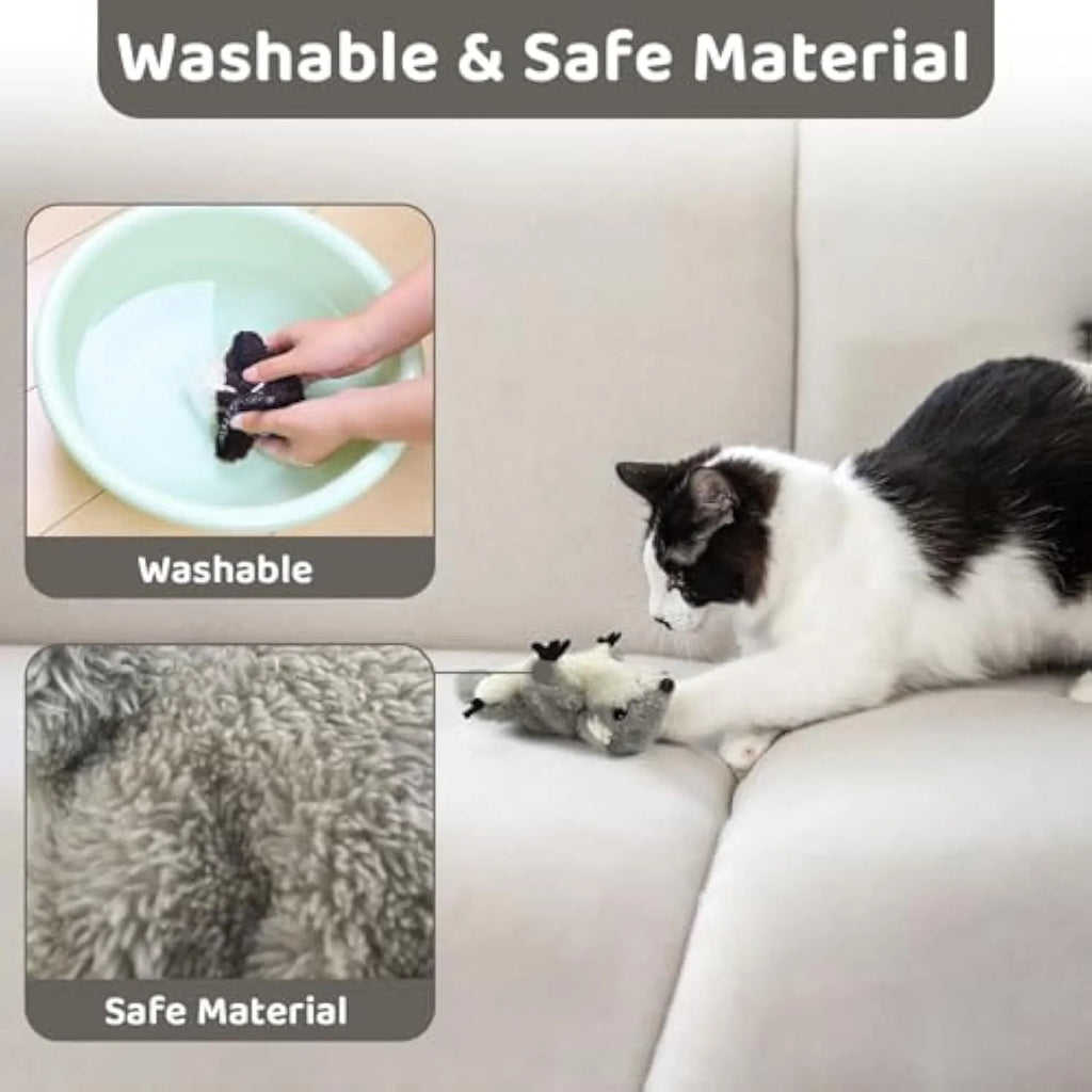 Grey flapping squirrel cat toy with USB charging cable on floor