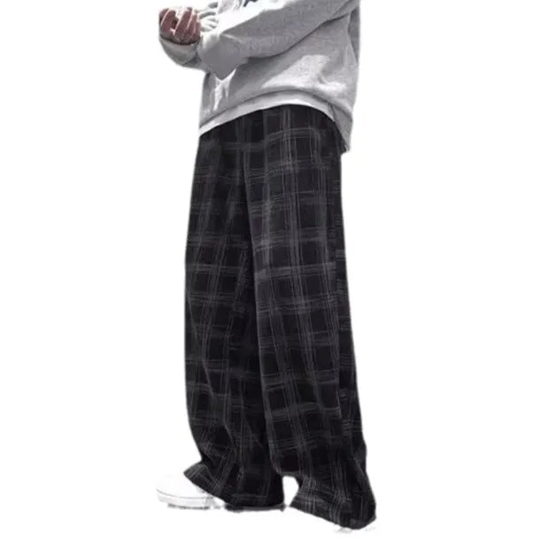 Japanese retro casual loose straight-leg plaid trousers in black or green colour