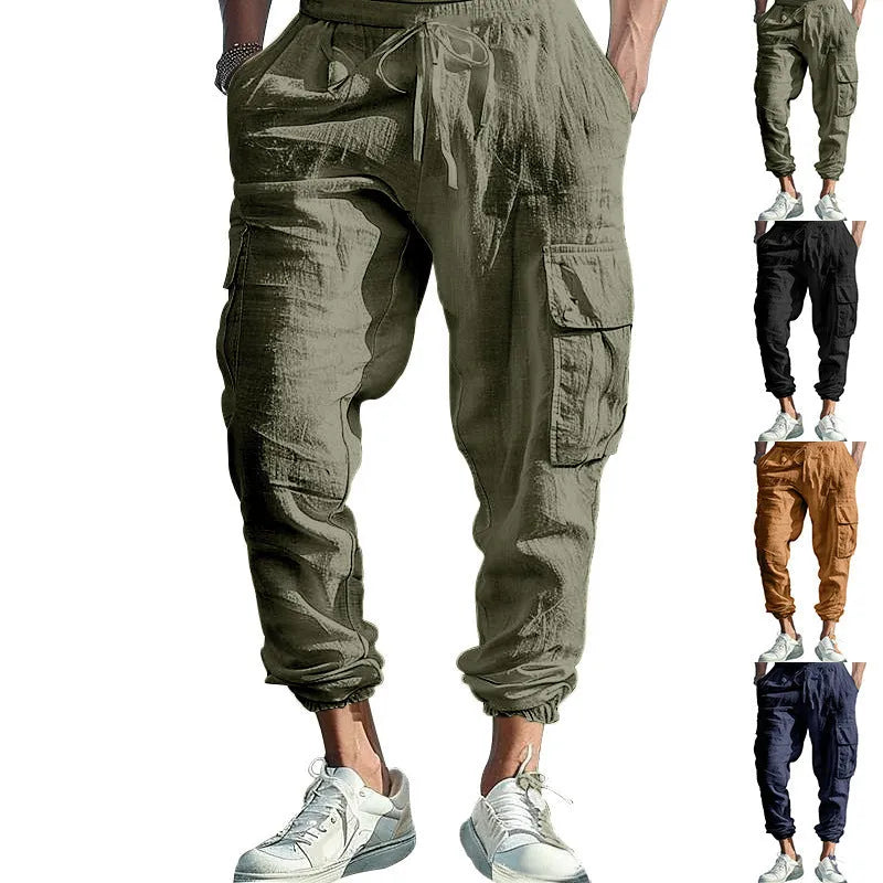 Men's loose fit linen trousers with ankle-tied hem and multiple pockets in army green.