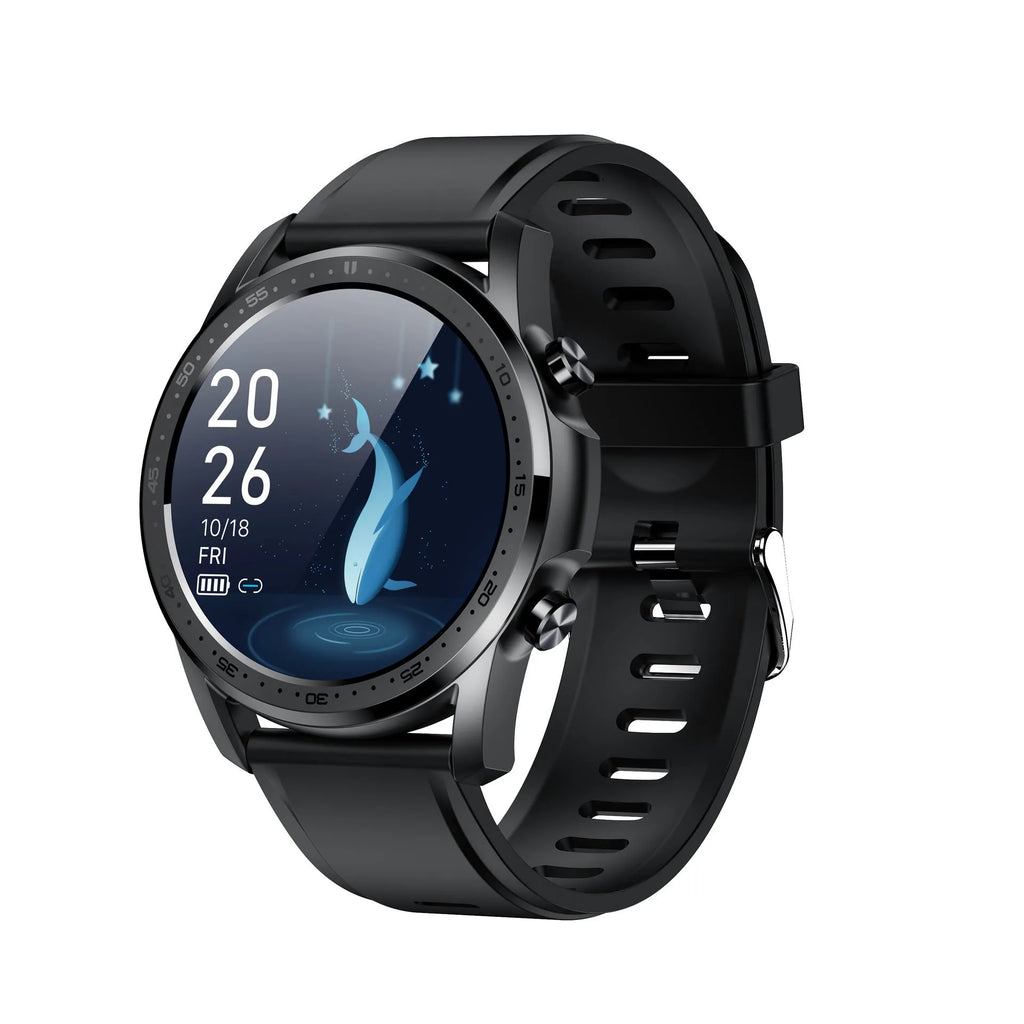 Black or grey zinc alloy smart bracelet with body temperature monitoring on wrist.