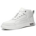 Men's white mid-top sports board shoes with round toe and lace-up closure on a rubber sole.