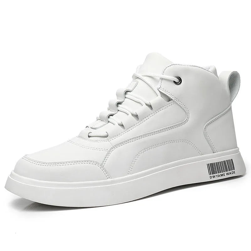 Men's white mid-top sports board shoes with round toe and lace-up closure on a rubber sole.