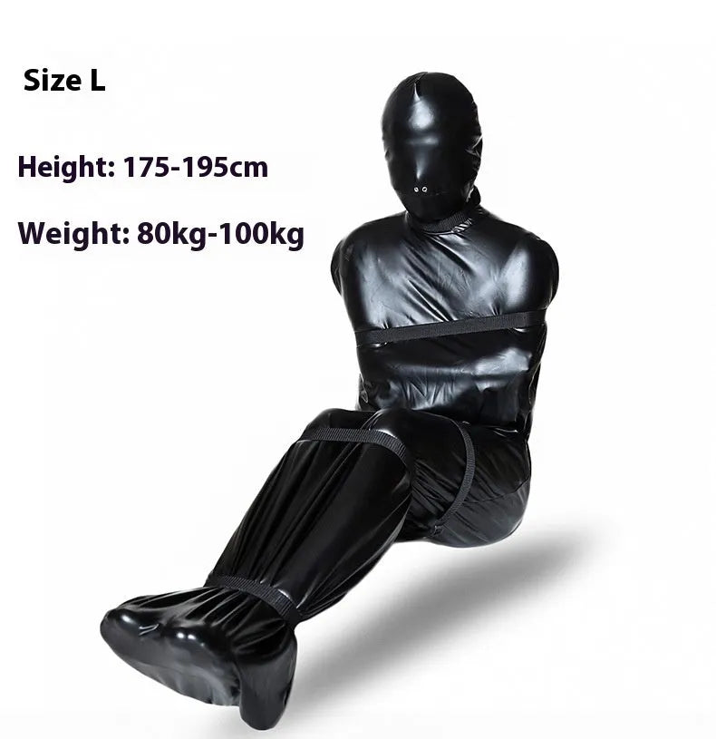 Black patent leather adult restraint harness with full body wrap and six ratchet tie-down pieces