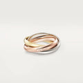 Geometric U-shaped sterling silver couple's ring in gold rose silver with full diamond setting on a size guide.